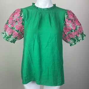 Orchid Green Blouse Collar Embroidered Sleeve